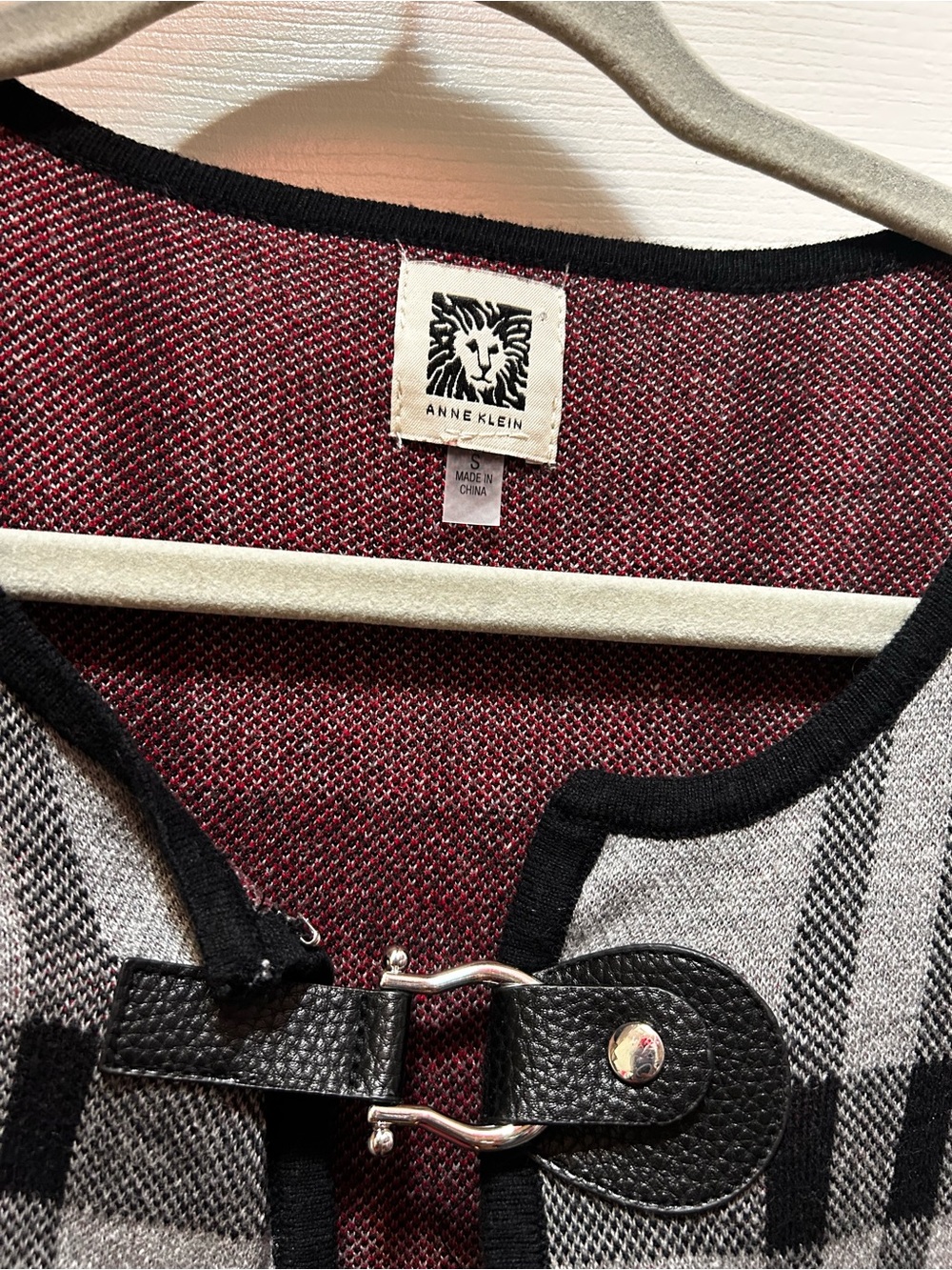 Anne Klein Gray Plaid Open-Front Coatigan with Red Stripes - Picture 2 of 3